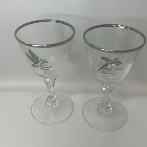 Tiffin Pheasant Grouse Crystal Stem Cocktail Goblet 3 Oz Silver Trim Rim Set 2 - Picture 2 of 8